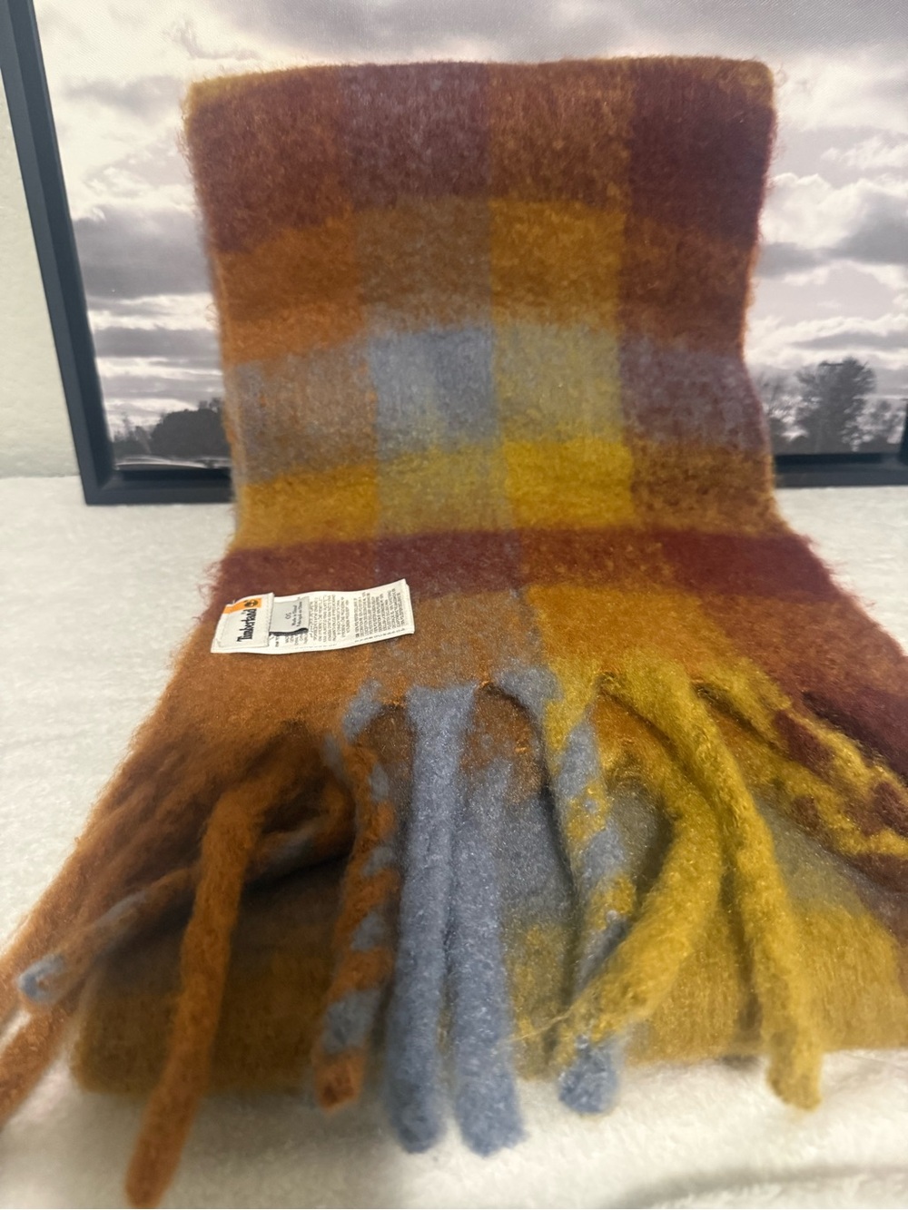 Women Timberland Plaid Fringe Scarf in Mustard, Rust & Slate